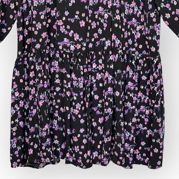 H&M Mini Dress Women Size XXL Black Floral Keyhole Viscose Half Puff Sleeve Boho - Picture 5 of 13